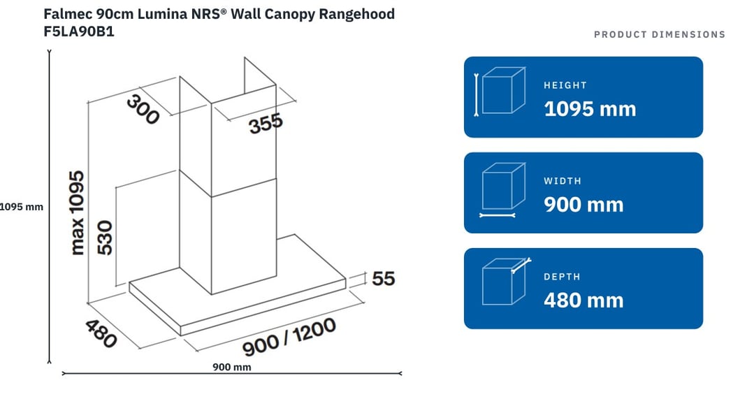 Falmec 90cm Lumina NRS® Wall Canopy Rangehood F5LA90B1 — product dimensions