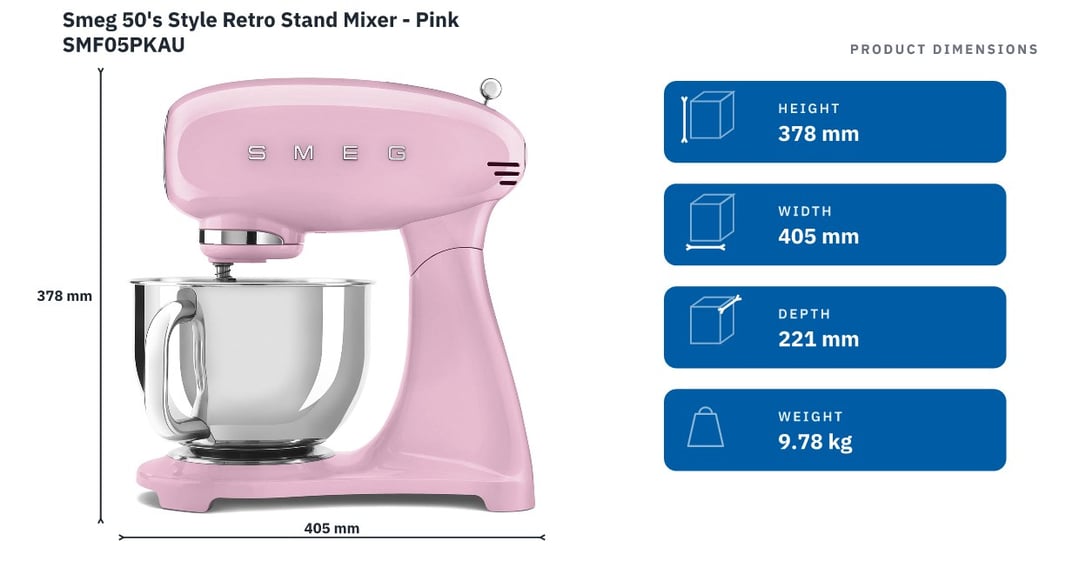 Smeg 50's Style Retro Stand Mixer - Pink SMF05PKAU — product dimensions