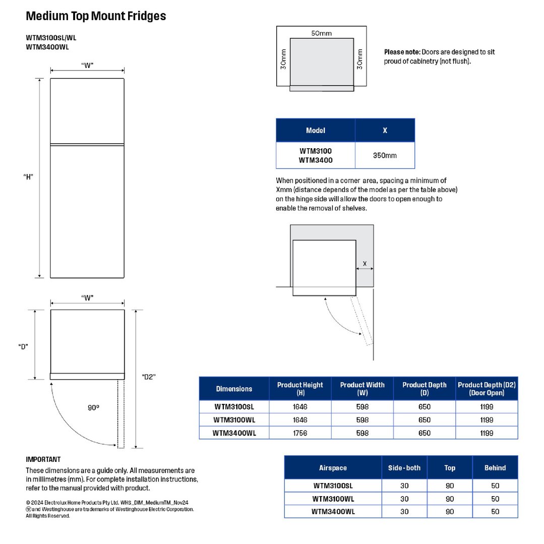 Westinghouse 312L Top Mount Fridge - White WTM3100WL-X