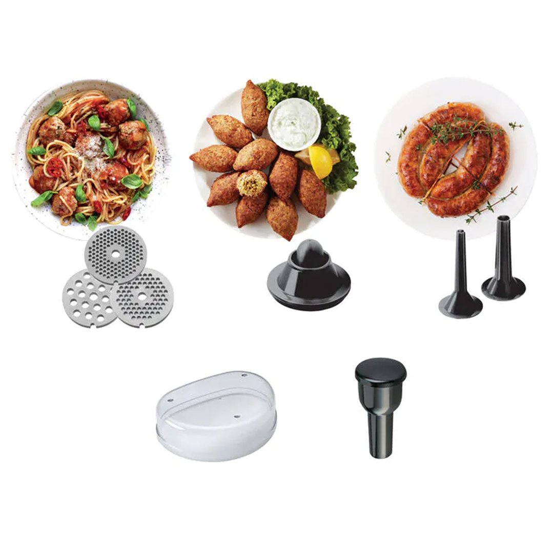 A Power Mincer with various attachments and three dishes of food on a white background