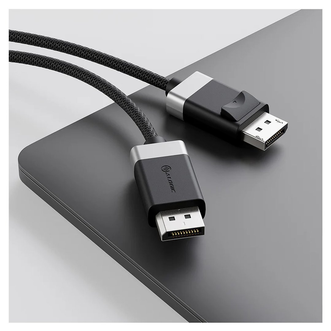 Two black braided DisplayPort cables with silver connectors on a dark grey surface