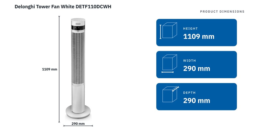 Delonghi Tower Fan White DETF110DCWH — product dimensions