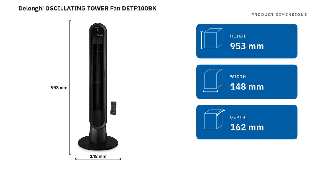 Delonghi Oscillating Tower Fan Black DETF100BK