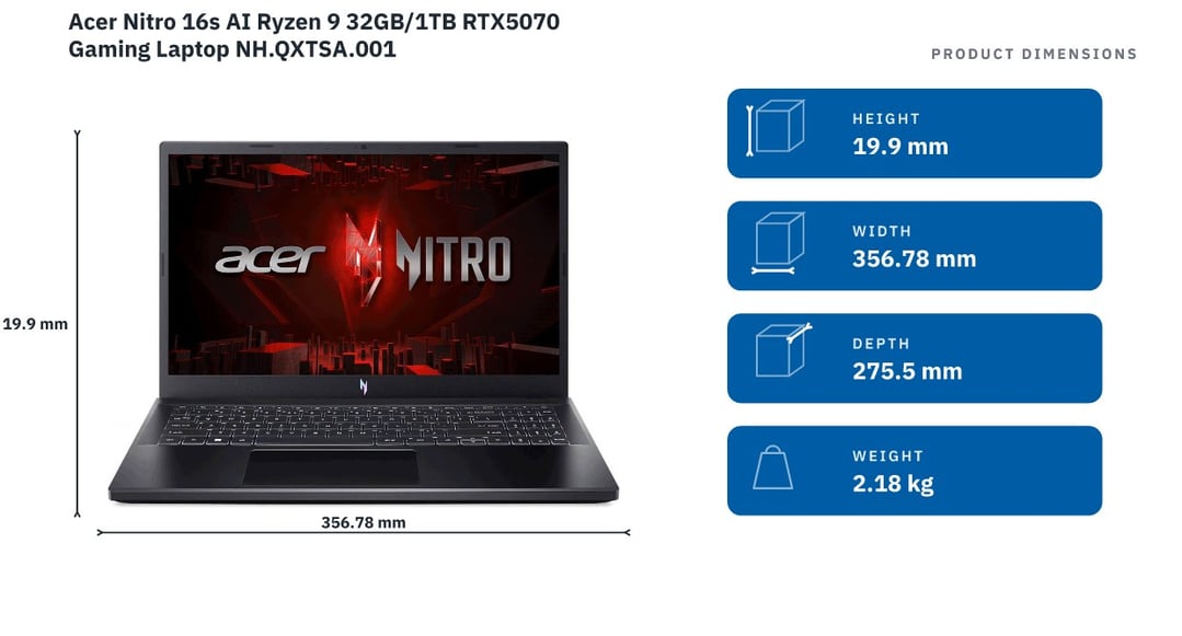 Acer Nitro 16s AI Ryzen 9 32GB/1TB RTX5070 Gaming Laptop NH.QXTSA.001 — product dimensions