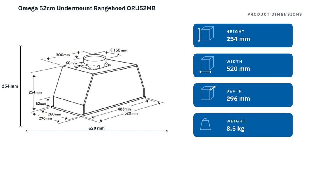 Omega 52cm Undermount Rangehood ORU52MB — product dimensions