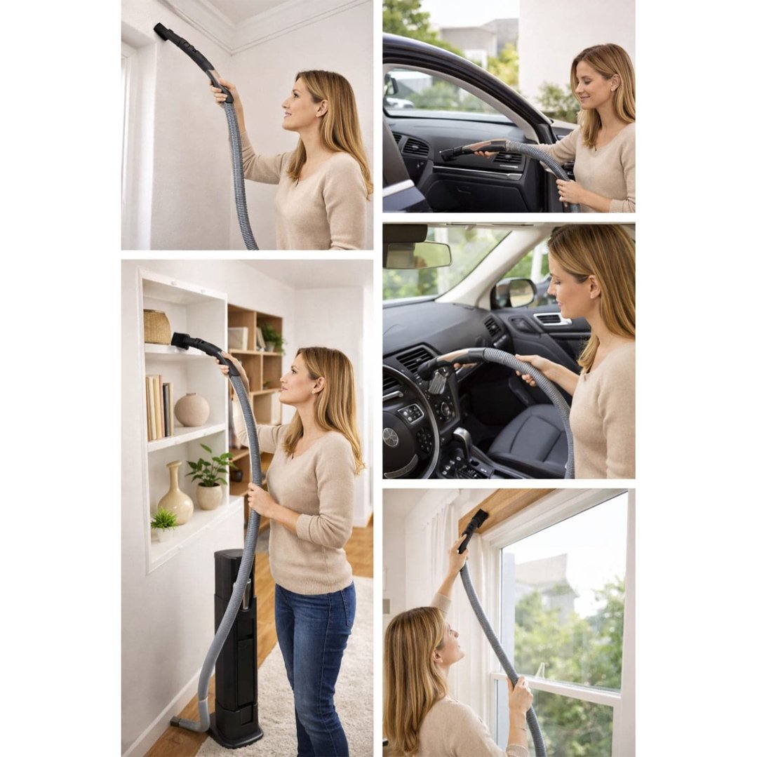 Woman using a vacuum cleaner to clean various areas of a home and car