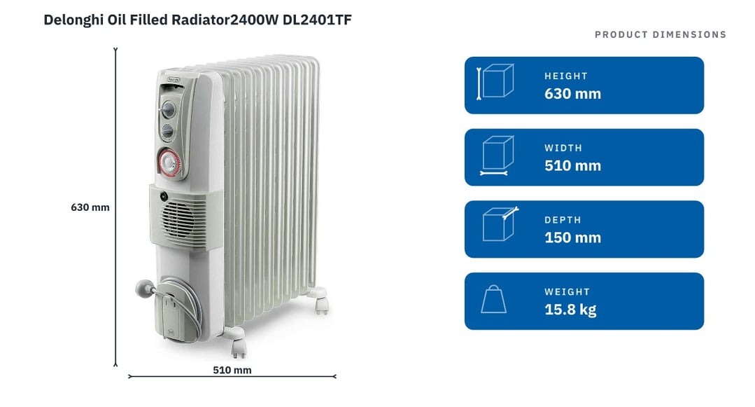 Delonghi Oil Filled Radiator2400W DL2401TF — product dimensions