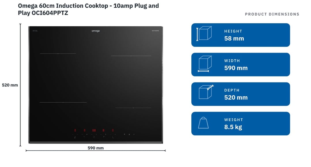 Omega 60cm Induction Cooktop - 10amp Plug and Play OCI604PPTZ — product dimensions