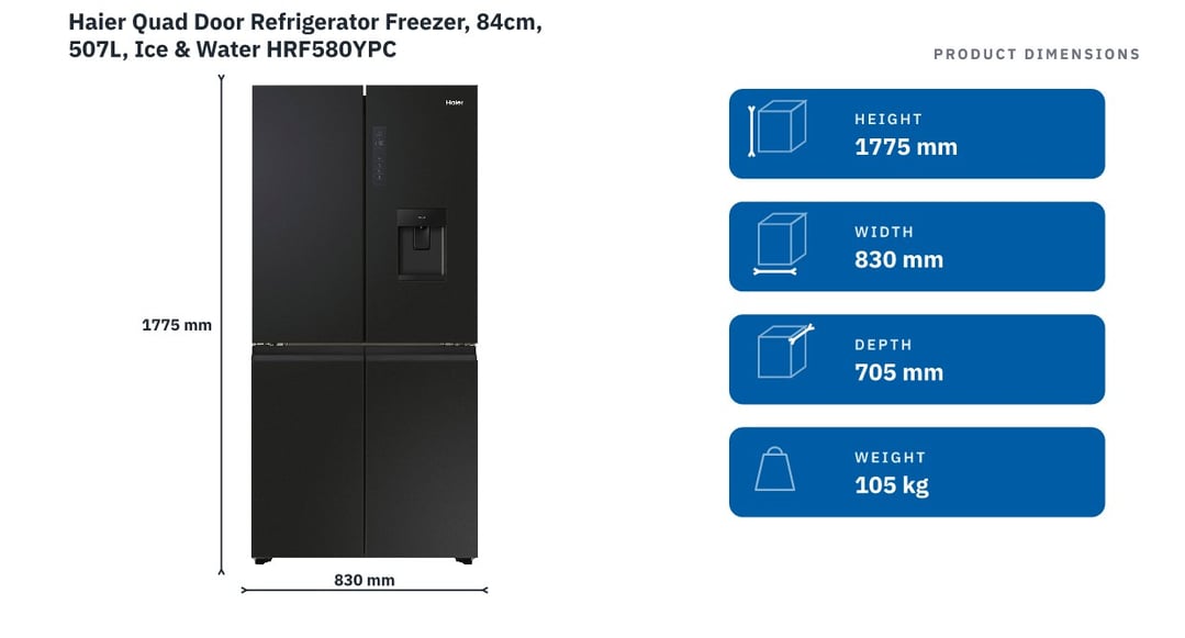 Haier Quad Door Refrigerator Freezer, 84cm, 507L, Ice & Water HRF580YPC — product dimensions