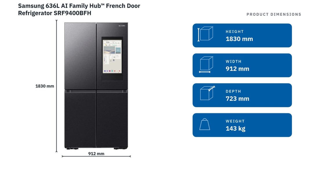 Samsung 636L AI Family Hub™ French Door Refrigerator SRF9400BFH — product dimensions