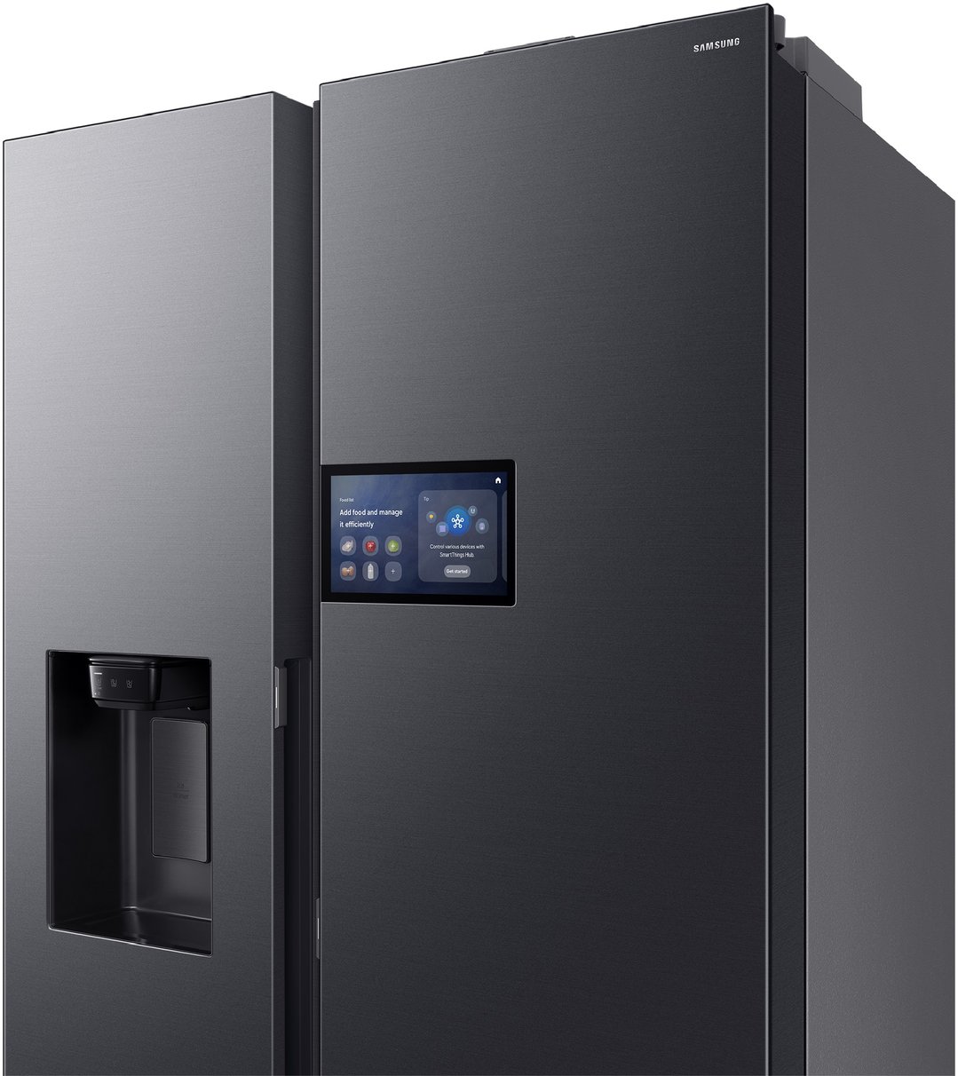 A black Samsung side-by-side refrigerator with a smart screen and water dispenser