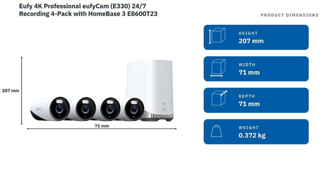 Eufy 4K Professional eufyCam (E330) 24/7 Recording 4-Pack with HomeBase 3 E8600T23 — product dimensions