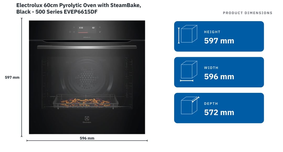 Electrolux 60cm Pyrolytic Oven with SteamBake, Black - 500 Series EVEP6615DF — product dimensions