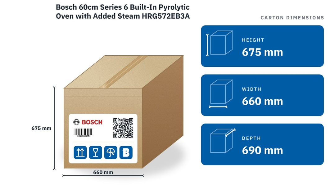 Bosch 60cm Series 6 Built-In Pyrolytic Oven with Added Steam HRG572EB3A — packaged dimensions