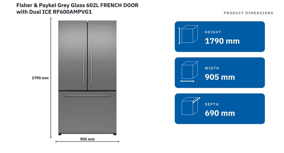 Fisher & Paykel Grey Glass 602L FRENCH DOOR with Dual ICE RF600AMPVG1 — product dimensions