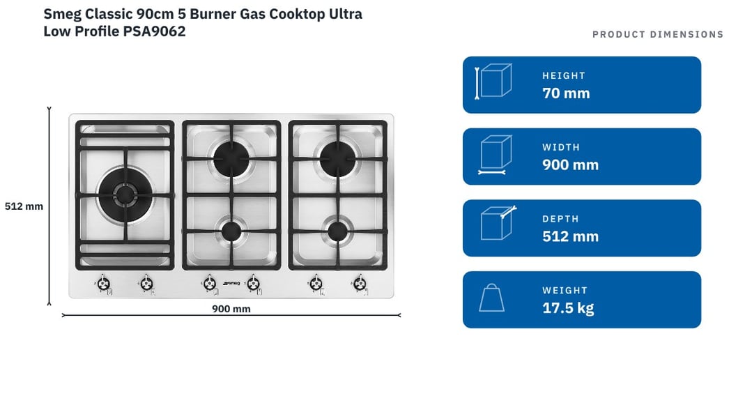 Smeg Classic 90cm 5 Burner Gas Cooktop Ultra Low Profile PSA9062 — product dimensions