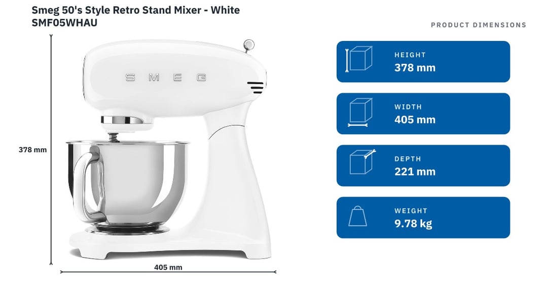 Smeg 50's Style Retro Stand Mixer - White SMF05WHAU