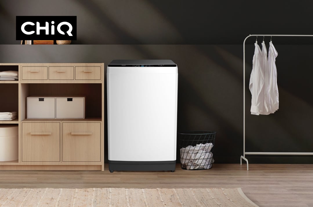 CHIQ 8KG Top Load Washing Machine in a modern laundry room