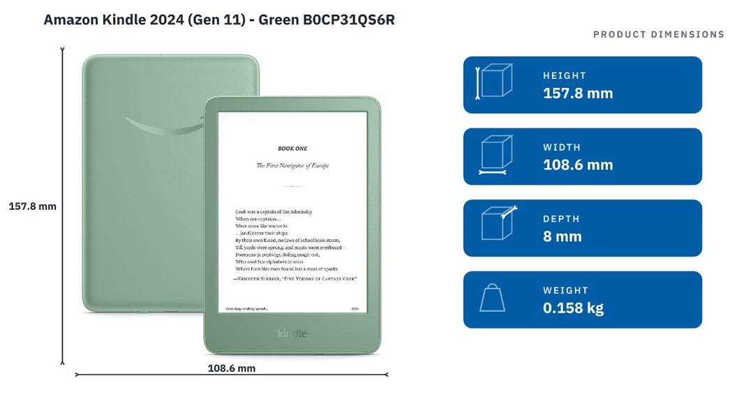 Amazon Kindle 2024 (Gen 11) - Green B0CP31QS6R — product dimensions