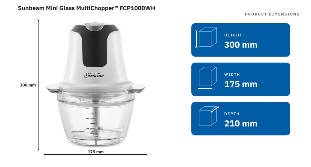 Sunbeam Mini Glass MultiChopper™ FCP1000WH — product dimensions