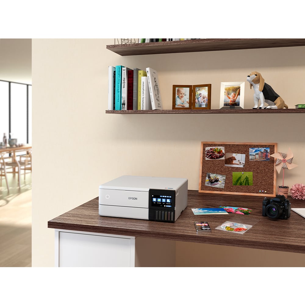 EcoTank Photo Multifunctional Printer on a desk with shelves and decor