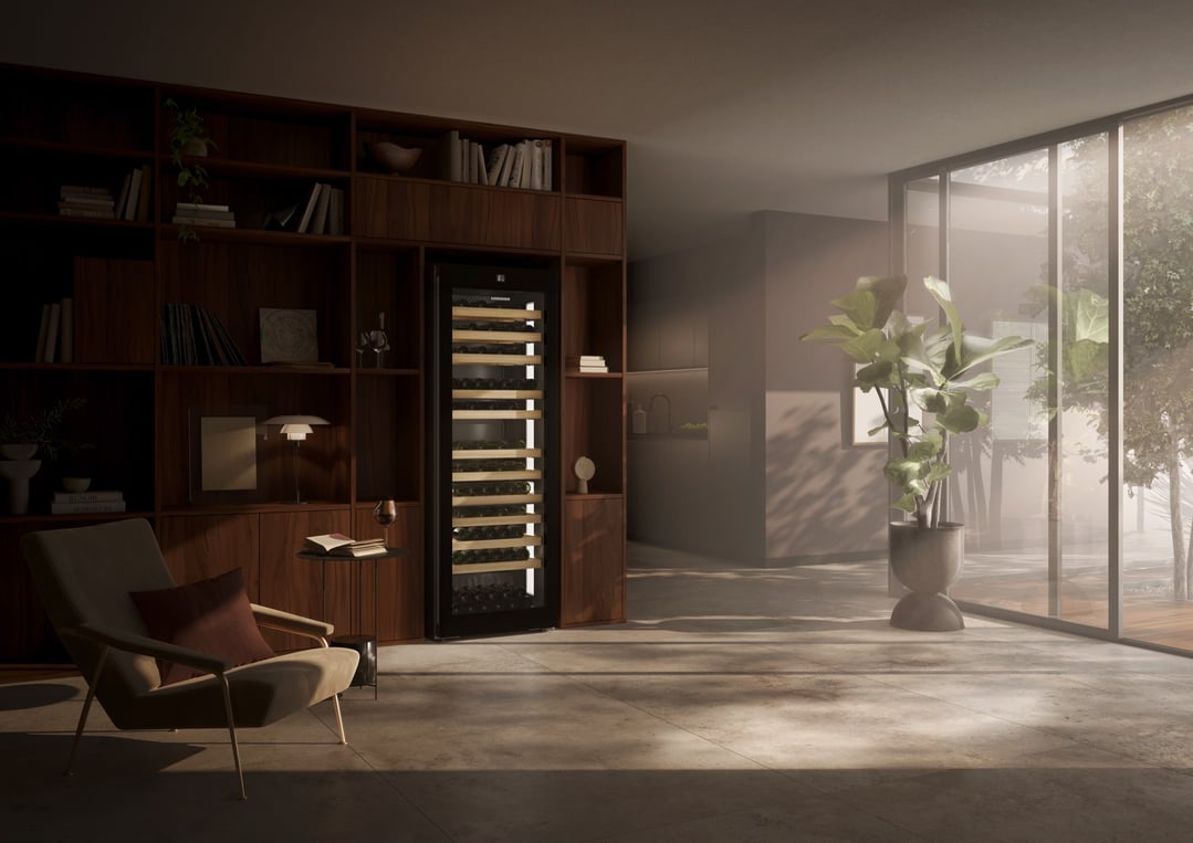 182 bottle dual zone wine fridge built into a dark wood shelving unit