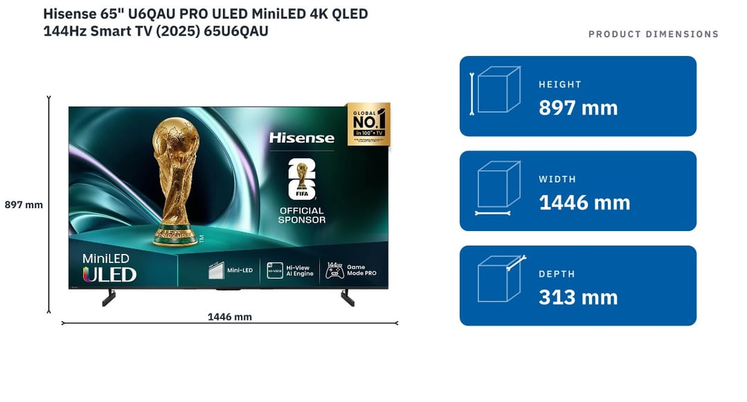 Hisense 65" U6QAU PRO ULED MiniLED 4K QLED 144Hz Smart TV (2025) 65U6QAU