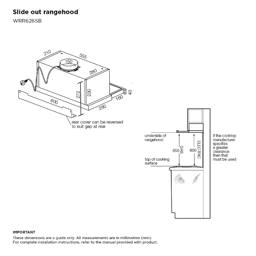 Westinghouse 60cm Slide Out Rangehood WRR626SB