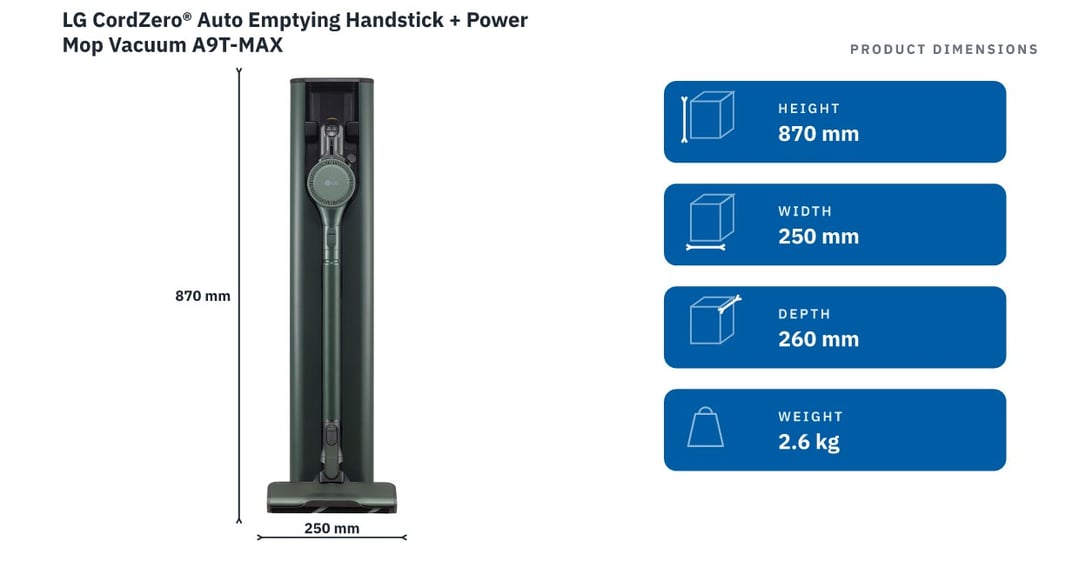 LG CordZero® Auto Emptying Handstick + Power Mop Vacuum A9T-MAX — product dimensions