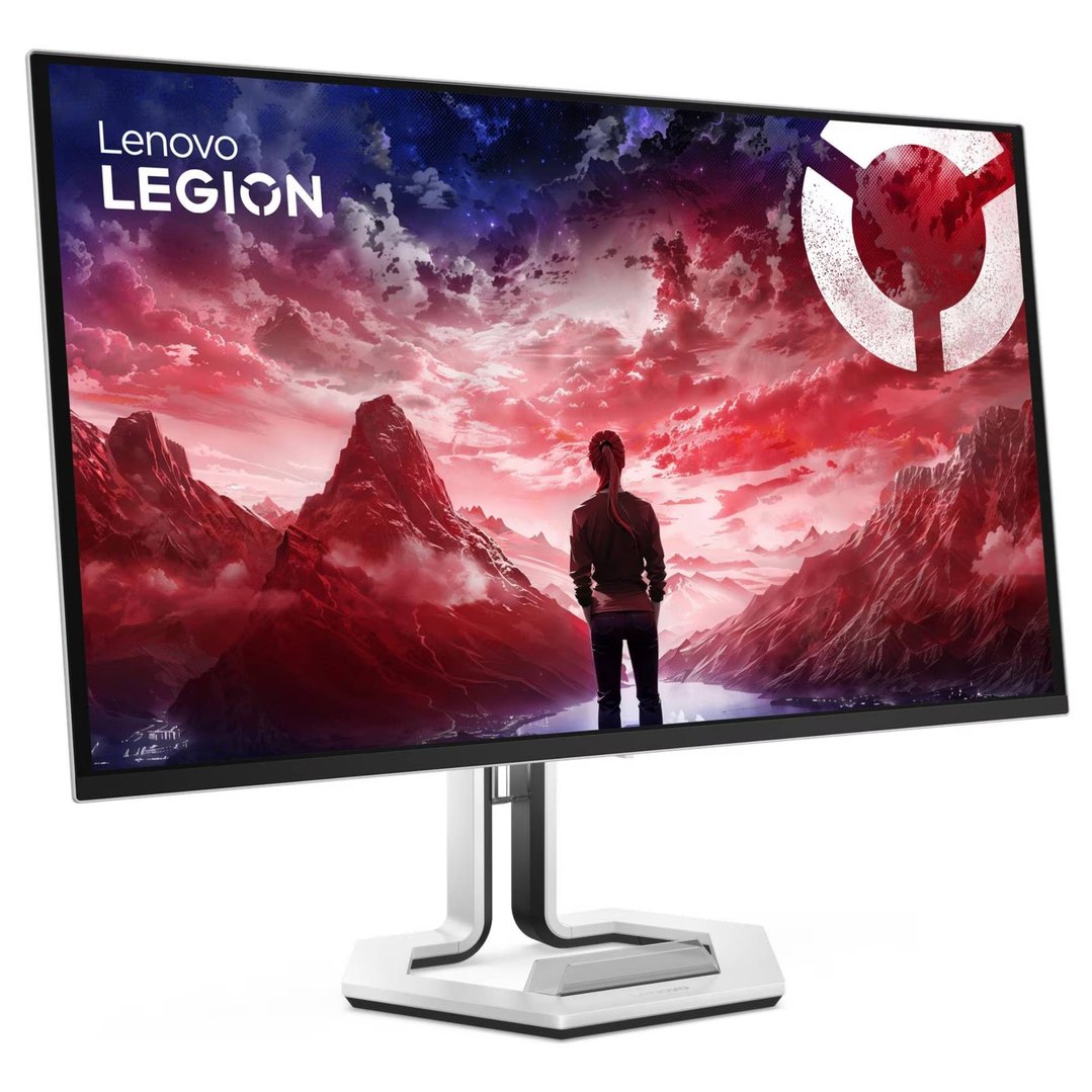 Lenovo Legion gaming monitor displaying a fantasy landscape with a person standing
