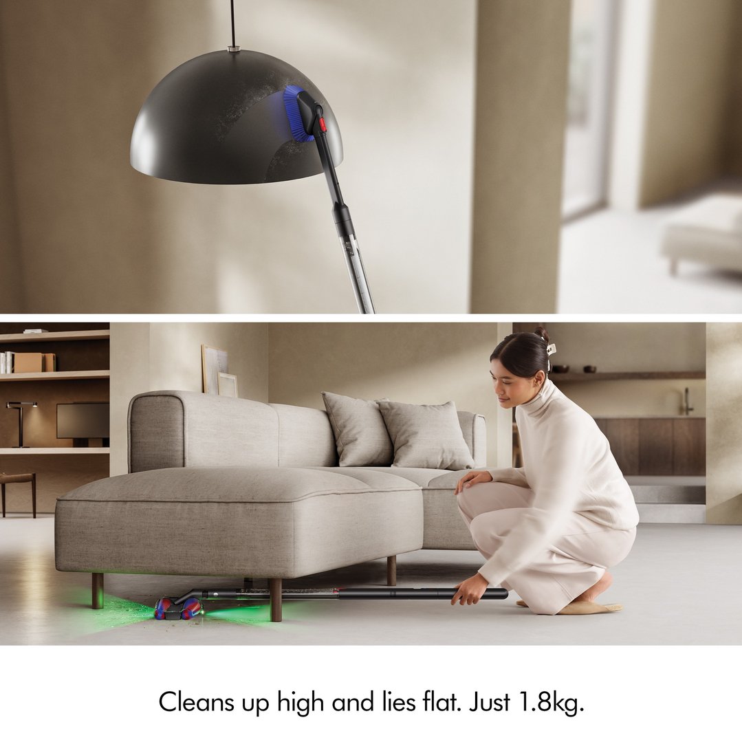 Woman using a handStickVacuum to clean a lamp and under a sofa