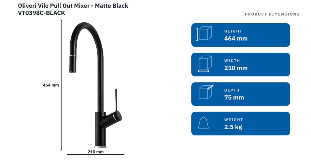 Oliveri Vilo Pull Out Mixer - Matte Black VT0398C-BLACK — product dimensions