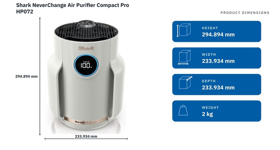 Shark NeverChange Air Purifier Compact Pro HP072 — product dimensions
