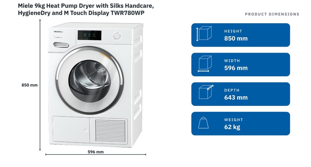 Miele 9kg Heat Pump Dryer with Silks Handcare, HygieneDry and M Touch Display TWR780WP — product dimensions