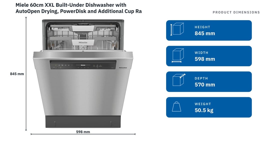 Miele 60cm XXL Built-Under Dishwasher with AutoOpen Drying, PowerDisk and Additional Cup Rack CleanSteel G7609SCUXXLCLST
