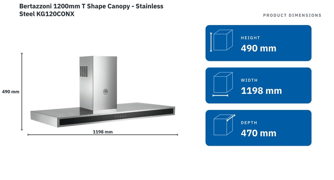 Bertazzoni 1200mm T Shape Canopy - Stainless Steel KG120CONX — product dimensions
