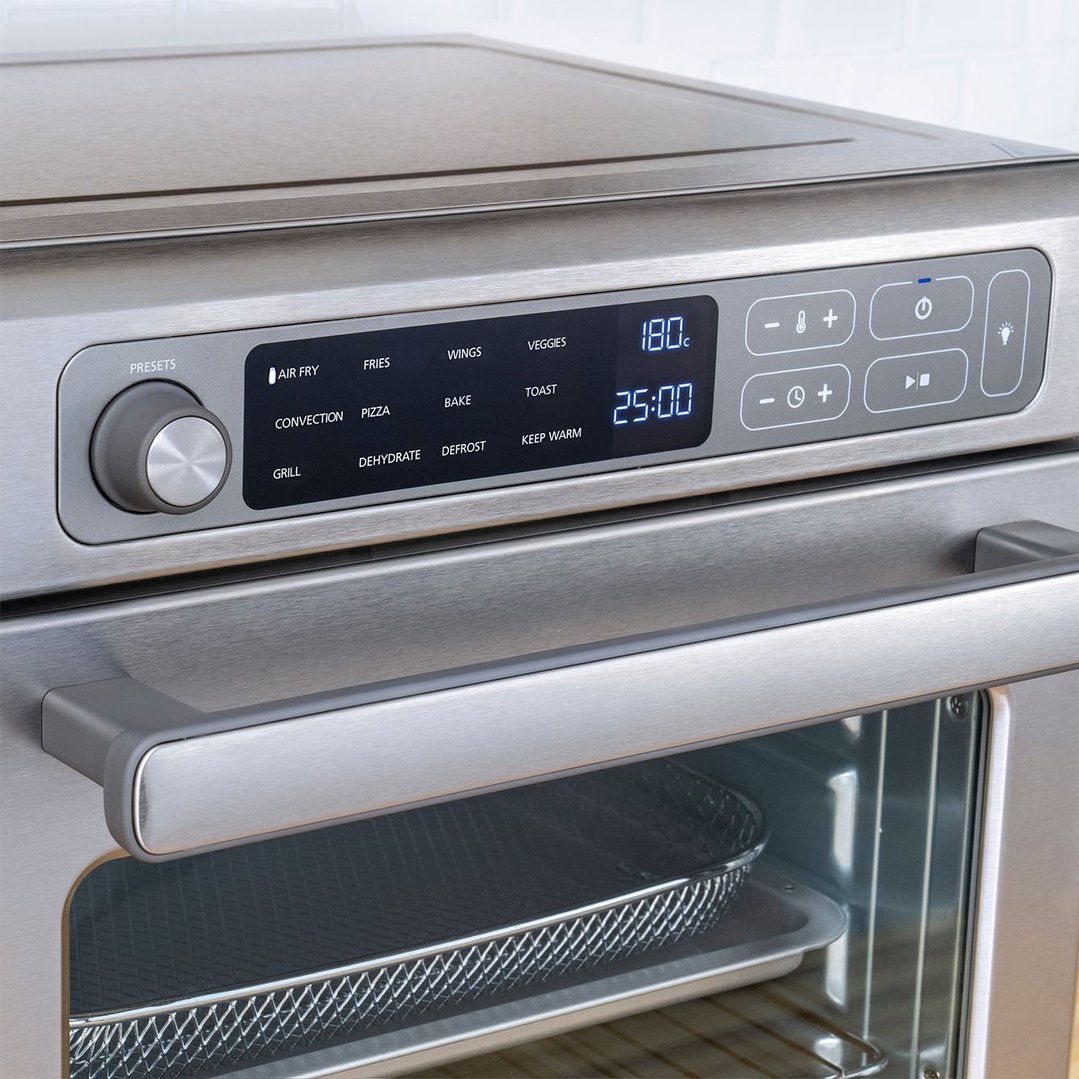 Close up of a digital multifunctional air fryer oven in a kitchen setting