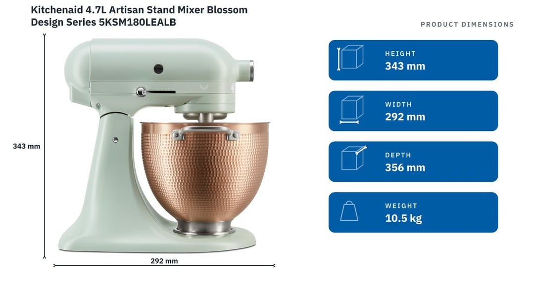 Kitchenaid 4.7L Artisan Stand Mixer Blossom Design Series 5KSM180LEALB — product dimensions