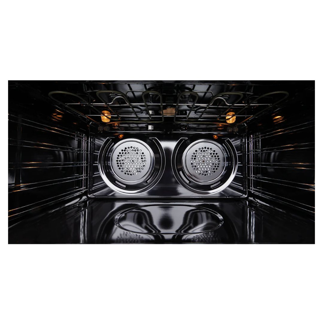 Interior view of a Westinghouse oven with two fans and heating elements