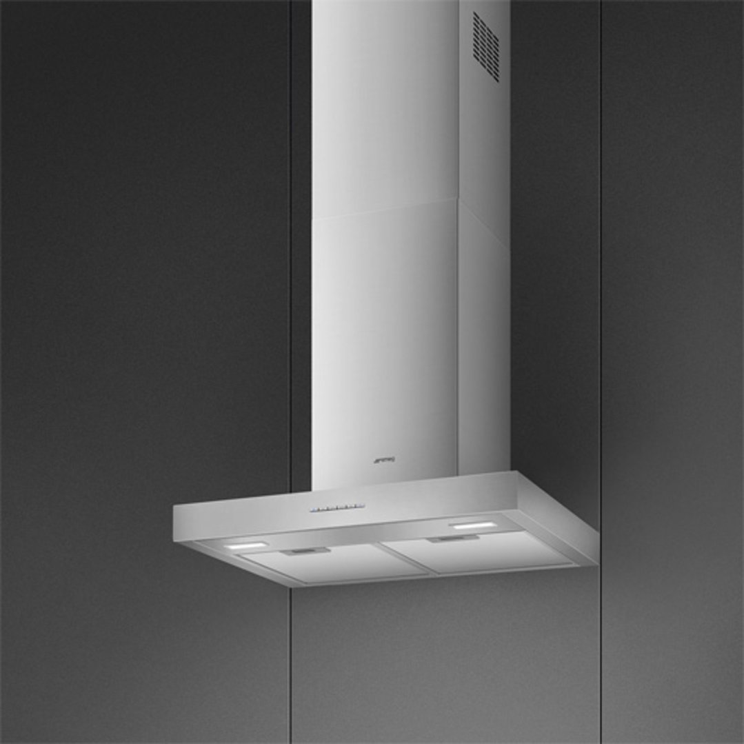 A stainless steel wall-mounted rangehood with lights in a modern kitchen setting