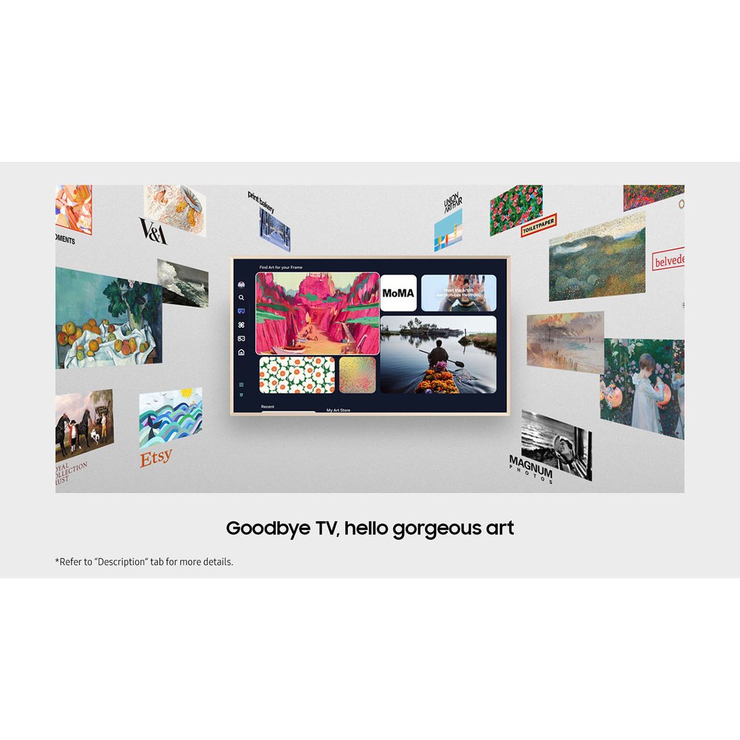 The Frame QLED 4K Smart TV displaying art surrounded by various art gallery logos