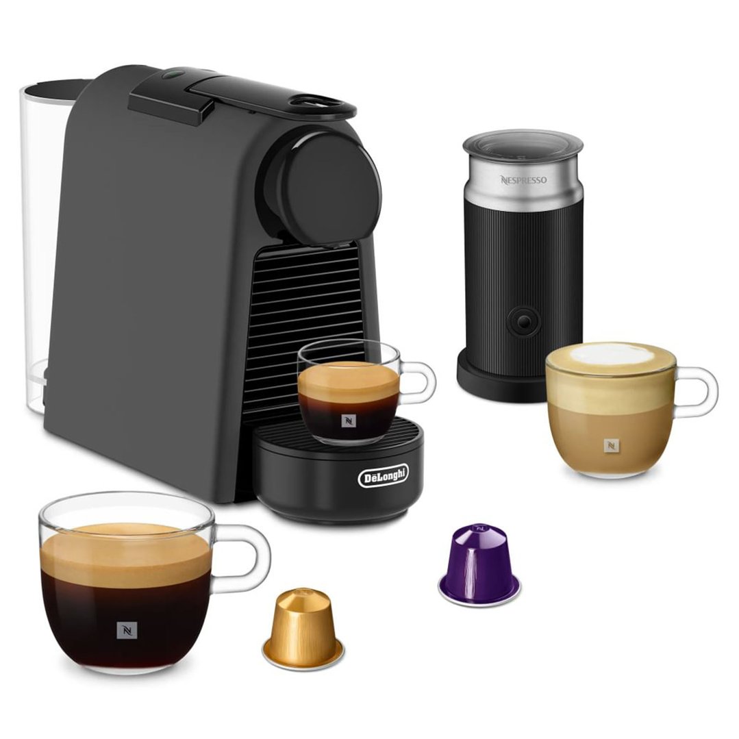 Delonghi Essenza Mini Capsule Coffee Machine with Aeroccino Milk Frother - Black EN85BKMTAE