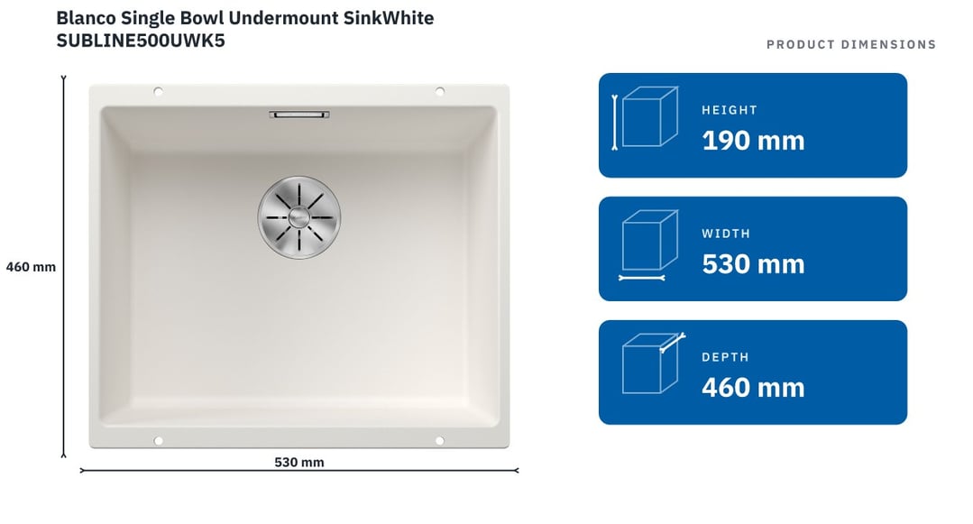 Blanco Single Bowl Undermount SinkWhite SUBLINE500UWK5 — product dimensions