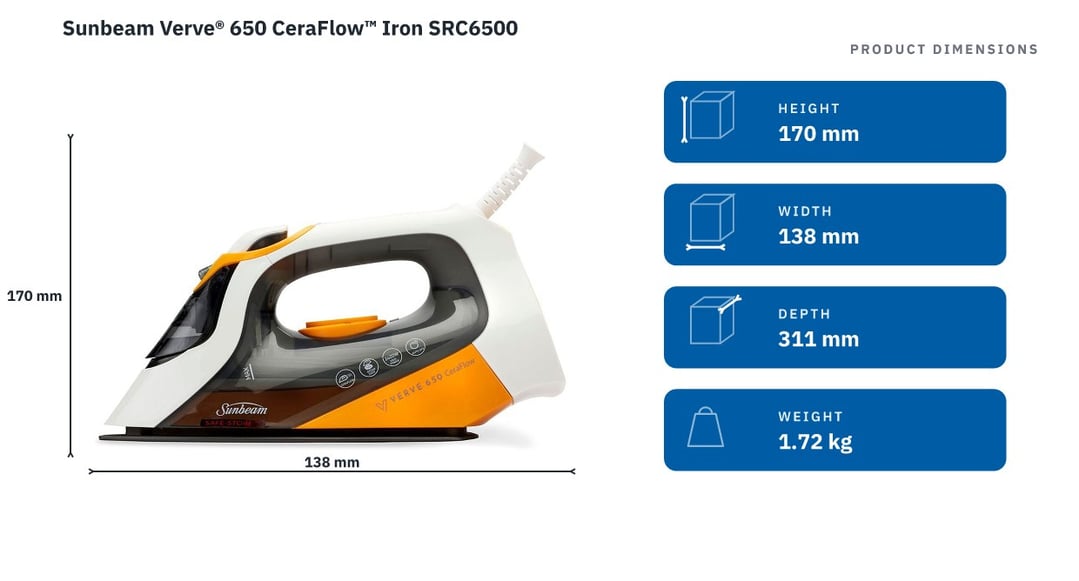 Sunbeam Verve® 650 CeraFlow™ Iron SRC6500 — product dimensions