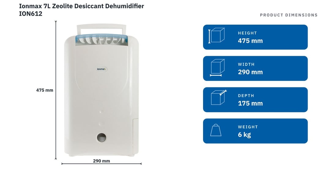 Ionmax 7L Zeolite Desiccant Dehumidifier ION612 — product dimensions
