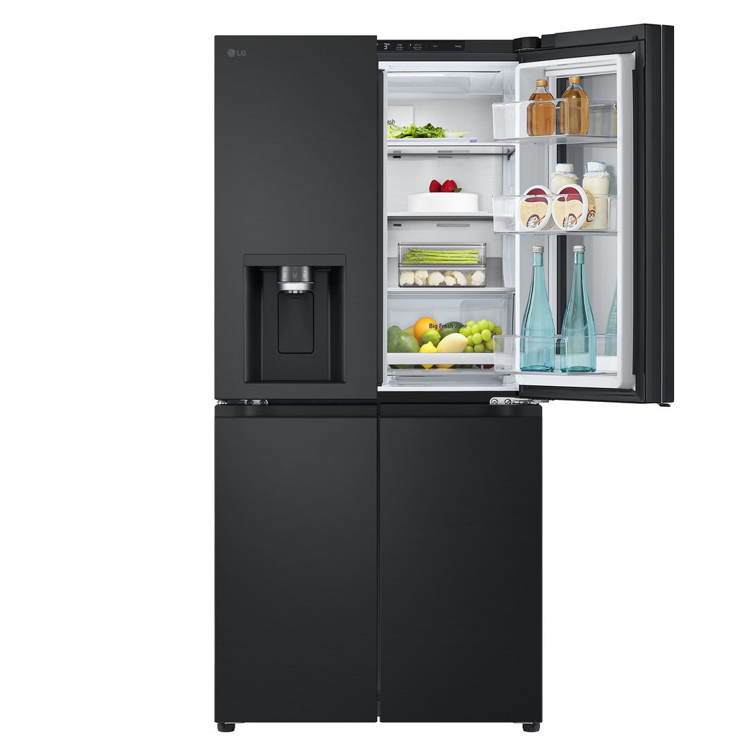 Open matte black French door fridge with food and drinks inside
