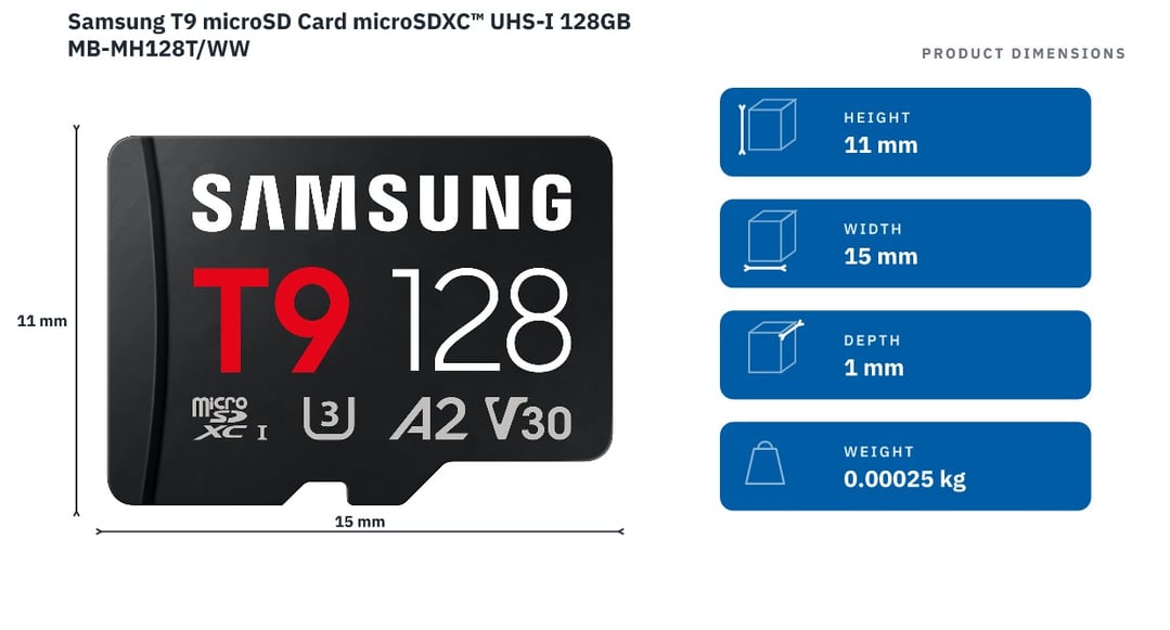 Samsung T9 microSD Card microSDXC™ UHS-I 128GB MB-MH128T/WW — product dimensions