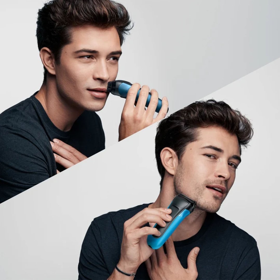 Man using a Braun Series 3 Wet&Dry Electric Shaver on his face and neck