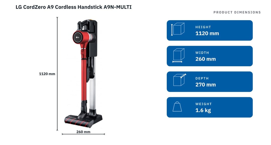LG CordZero A9 Cordless Handstick A9N-MULTI — product dimensions