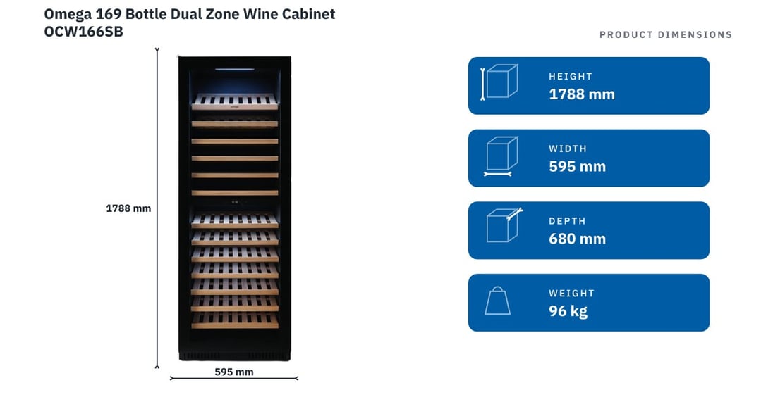 Omega 169 Bottle Dual Zone Wine Cabinet OCW166SB — product dimensions